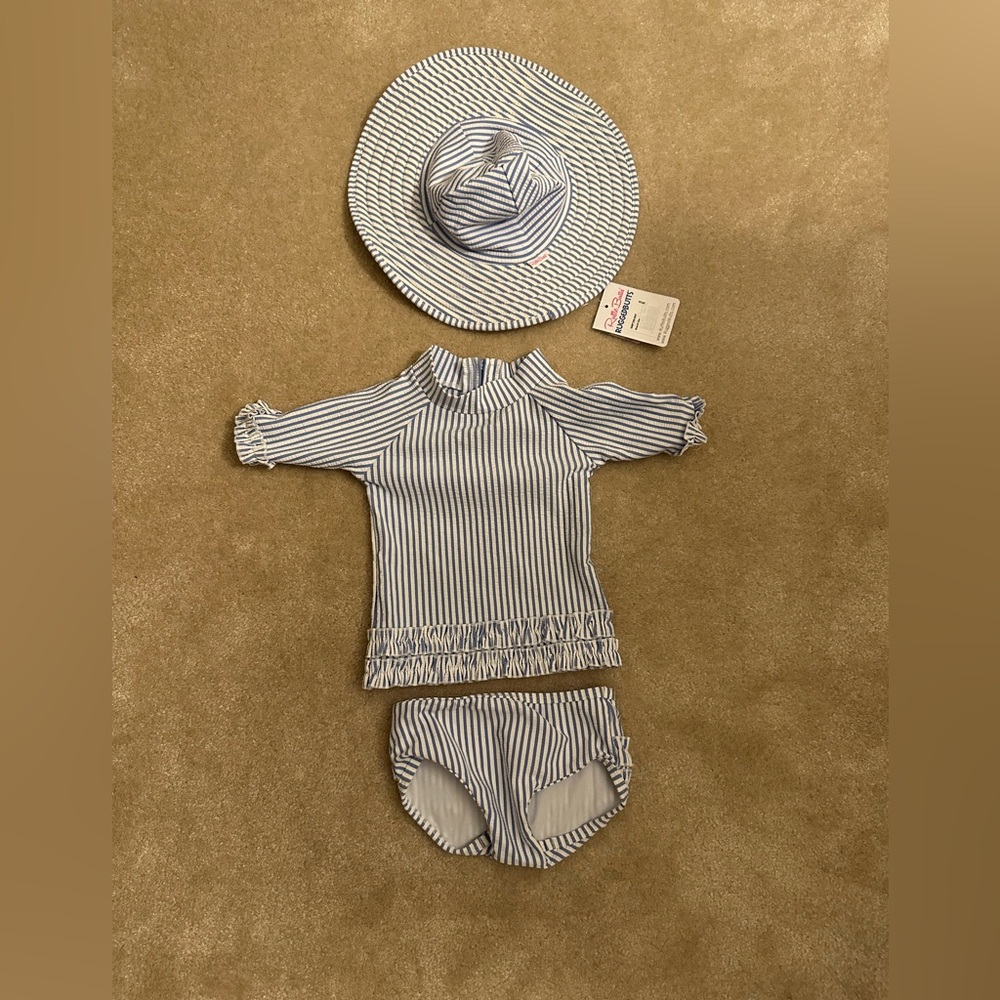 Ruffle Butts blue and white stripe infant swimsuit and sunhat
